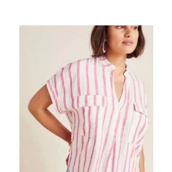 Maeve pink & white striped linen blouse from Anthropologie - M - Picture 1 of 3